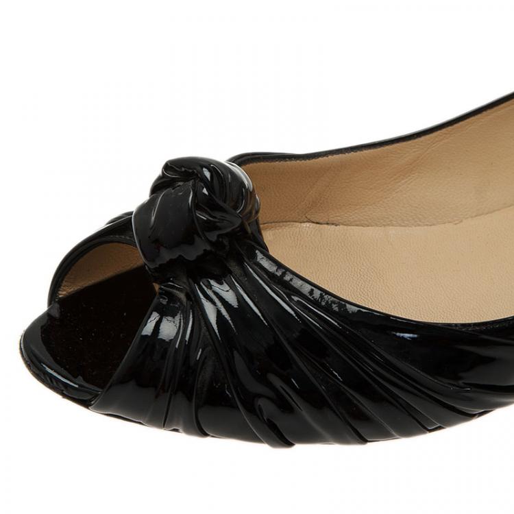 Pre Owned Christian Louboutin Black Patent Leather Turban Peep Toe Ballet Flats Size 39.5