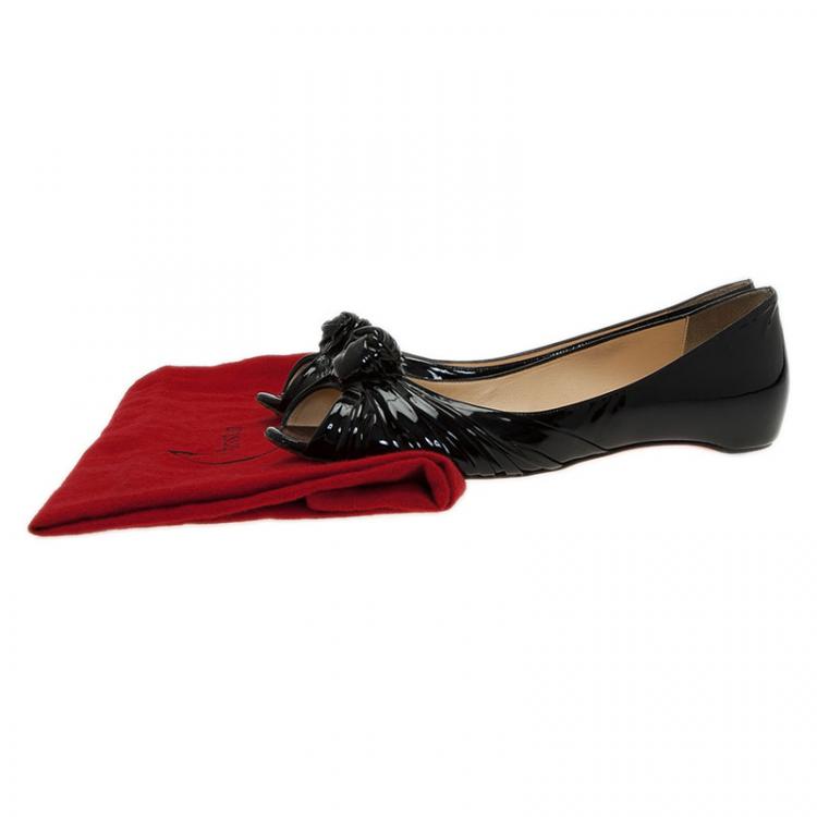 Pre Owned Christian Louboutin Black Patent Leather Turban Peep Toe Ballet Flats Size 39.5