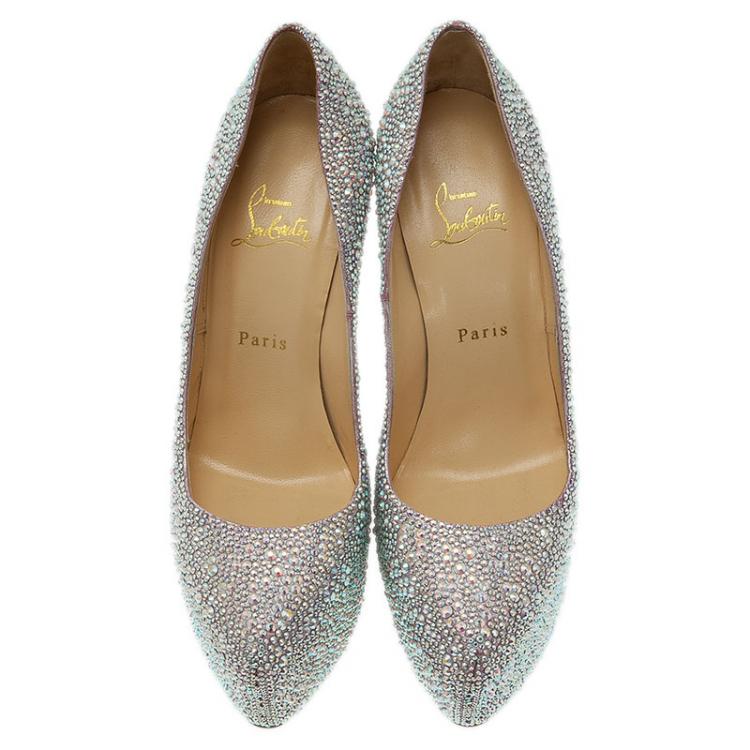 Pre Owned Christian Louboutin Silver Crystal Embellished Suede Daffodile Pumps Size 39
