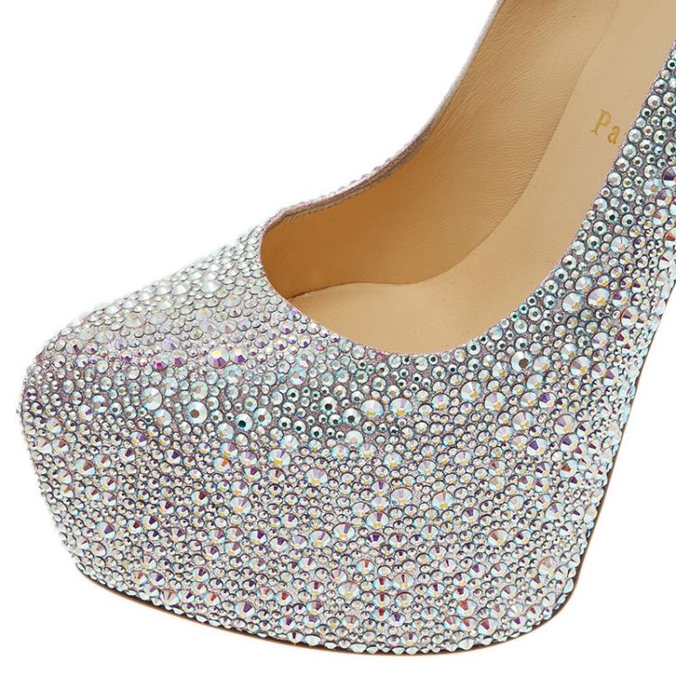 Pre Owned Christian Louboutin Silver Crystal Embellished Suede Daffodile Pumps Size 39