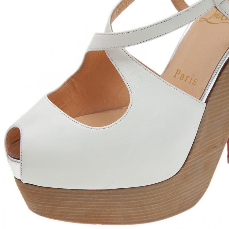 Pre Owned Christian Louboutin White Leather Rozeppa Ankle Strap Sandals Size 36.5