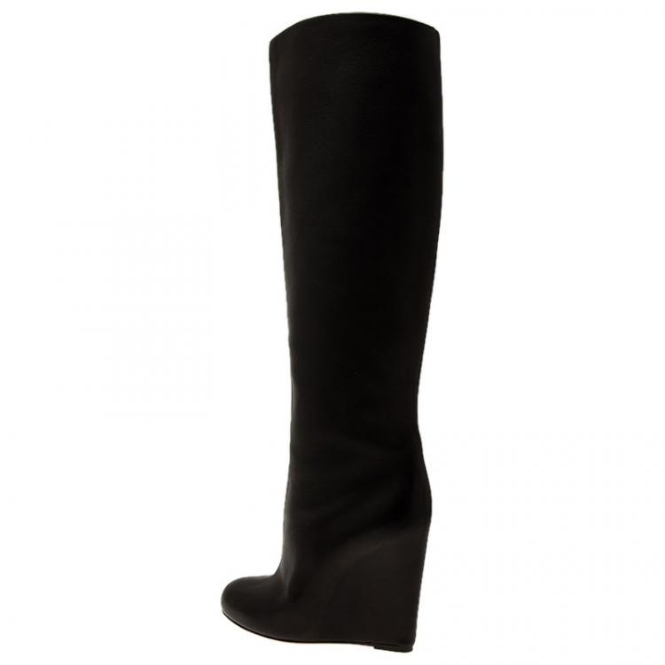 Pre Owned Christian Louboutin Black Leather Zepita Tall Wedges Boots Size 38.5