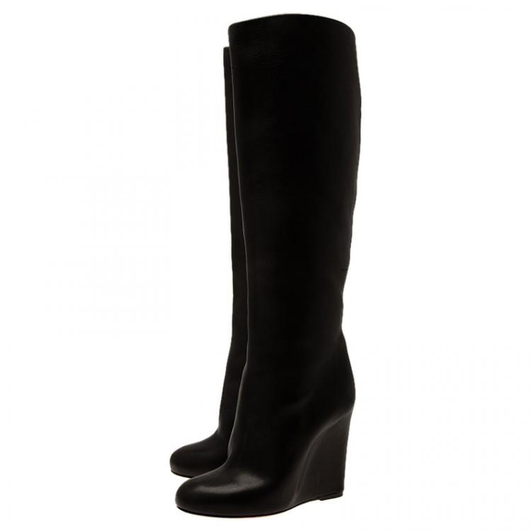 Pre Owned Christian Louboutin Black Leather Zepita Tall Wedges Boots Size 38.5