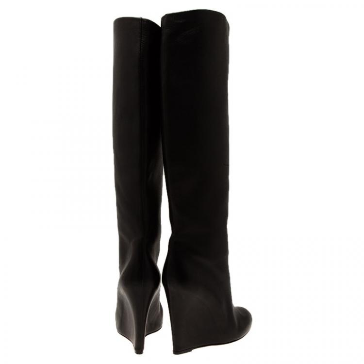 Pre Owned Christian Louboutin Black Leather Zepita Tall Wedges Boots Size 38.5