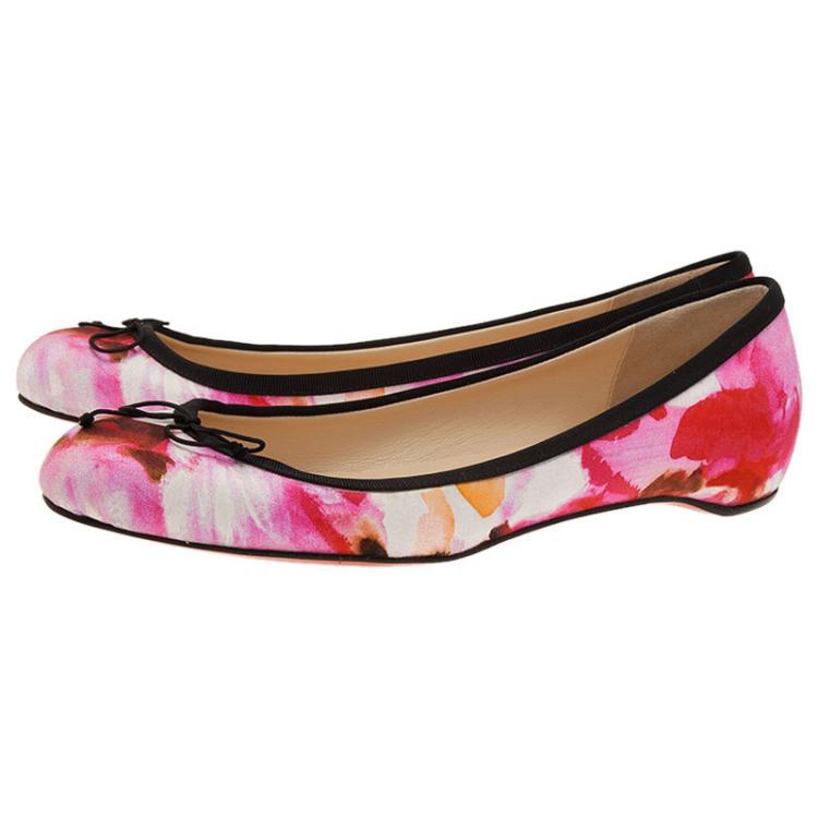 Pre Owned Christian Louboutin Floral Satin Bow Ballet flats Size 38.5