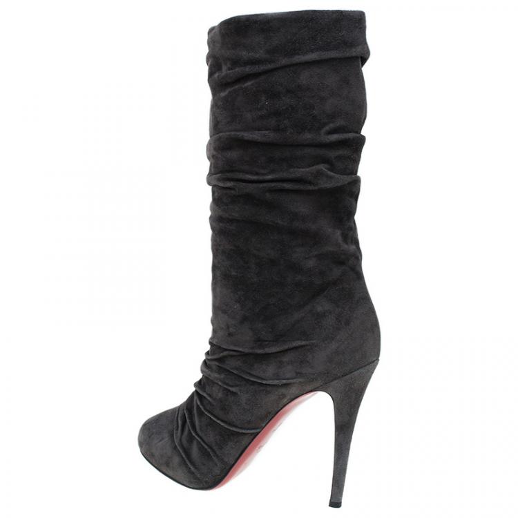 Pre Owned Christian Louboutin Grey Pleated Suede Prios Mid Calf Boots Size 39.5 