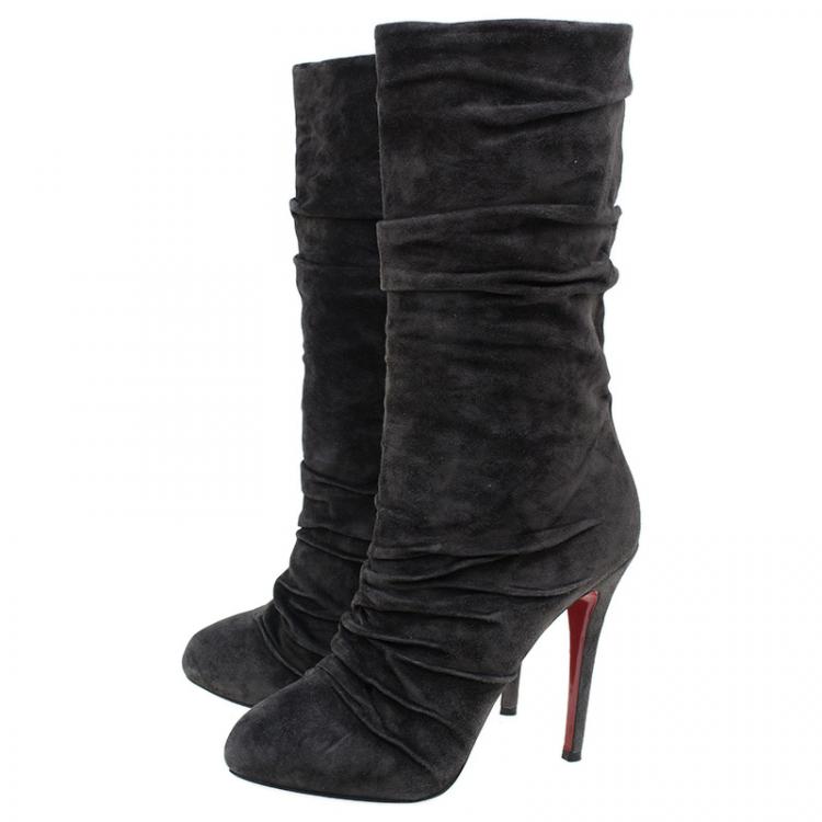 Pre Owned Christian Louboutin Grey Pleated Suede Prios Mid Calf Boots Size 39.5 