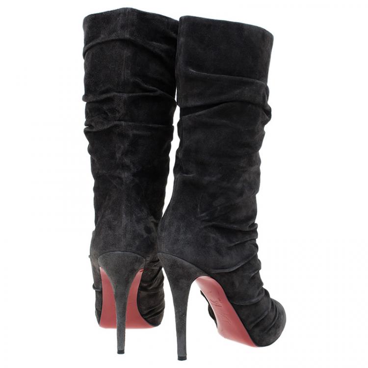 Pre Owned Christian Louboutin Grey Pleated Suede Prios Mid Calf Boots Size 39.5 