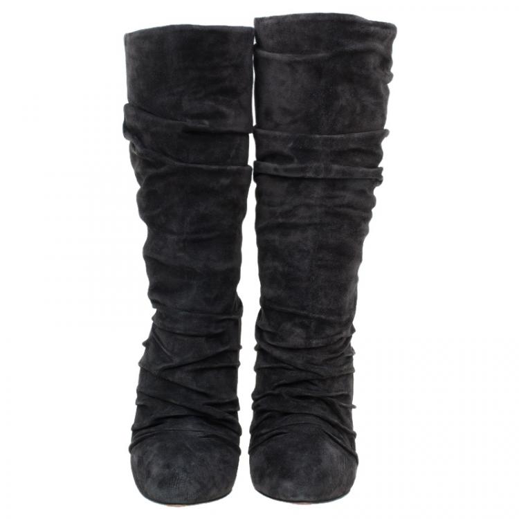 Pre Owned Christian Louboutin Grey Pleated Suede Prios Mid Calf Boots Size 39.5 