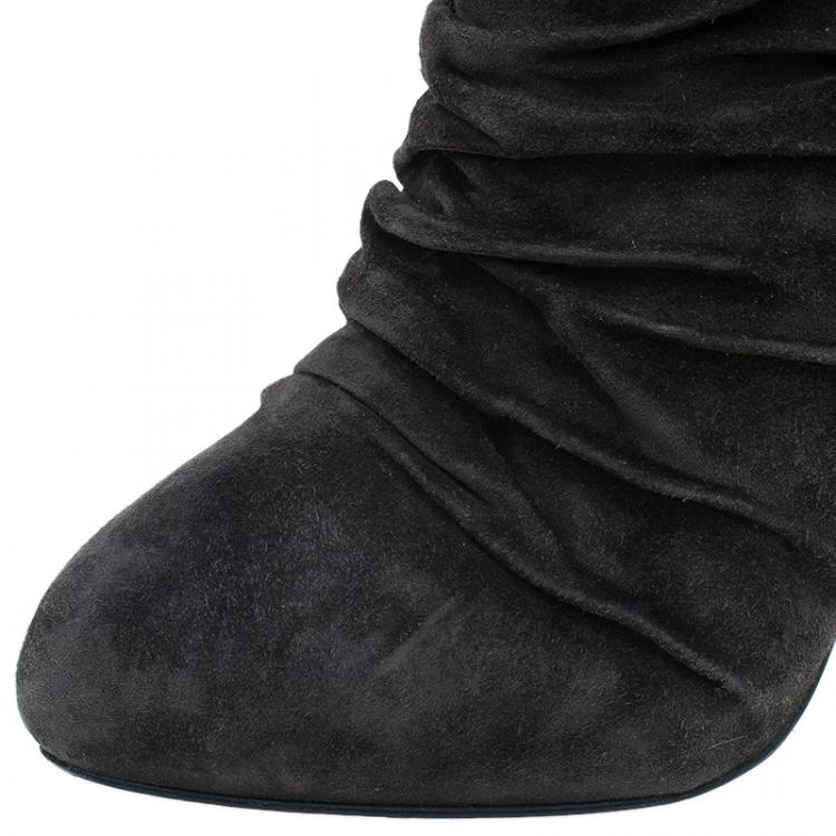 Pre Owned Christian Louboutin Grey Pleated Suede Prios Mid Calf Boots Size 39.5 