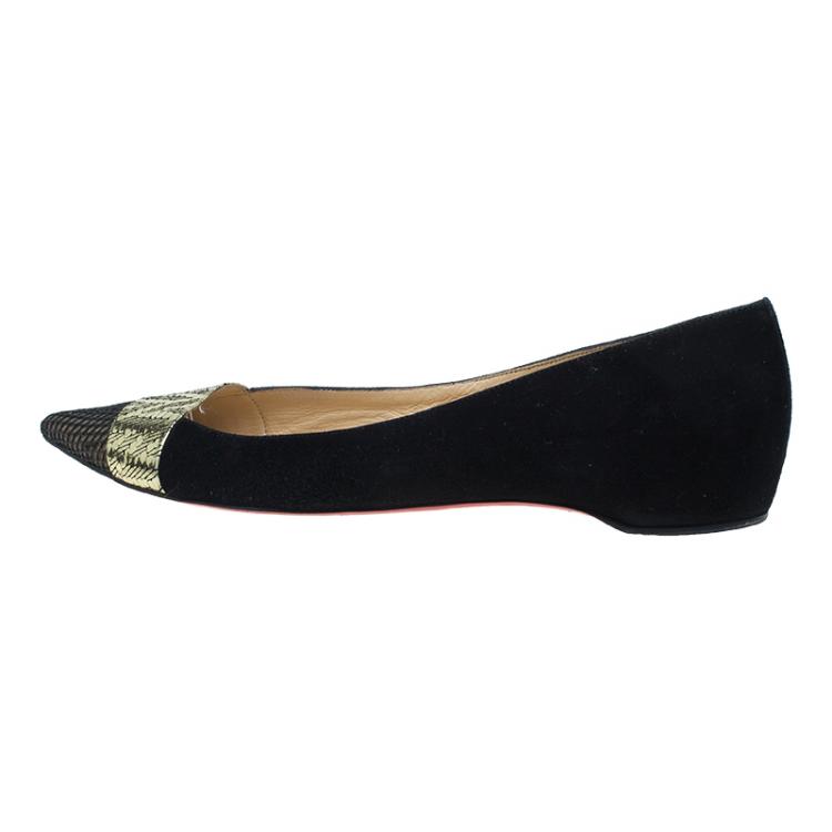 Pre Owned Christian Louboutin Black / Gold Suede Gladiator Ballet Flats Size 39