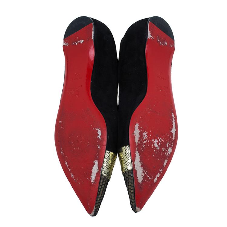 Pre Owned Christian Louboutin Black / Gold Suede Gladiator Ballet Flats Size 39