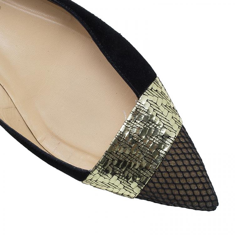 Pre Owned Christian Louboutin Black / Gold Suede Gladiator Ballet Flats Size 39