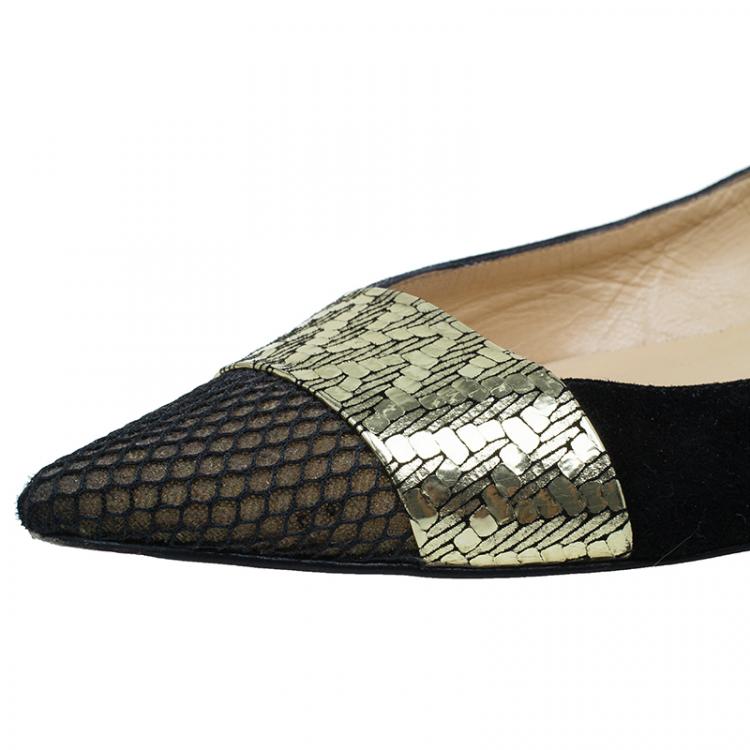 Pre Owned Christian Louboutin Black / Gold Suede Gladiator Ballet Flats Size 39