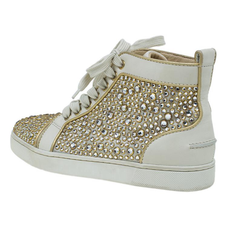 مملوكة مسبقًا Christian Louboutin Cream Strass Embellished Leather High Top Sneakers Size 36