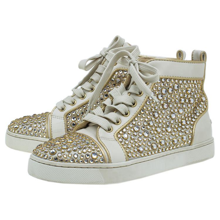 مملوكة مسبقًا Christian Louboutin Cream Strass Embellished Leather High Top Sneakers Size 36