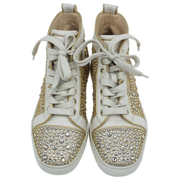 مملوكة مسبقًا Christian Louboutin Cream Strass Embellished Leather High Top Sneakers Size 36