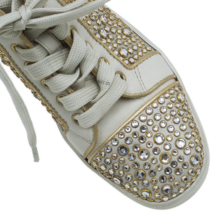 مملوكة مسبقًا Christian Louboutin Cream Strass Embellished Leather High Top Sneakers Size 36