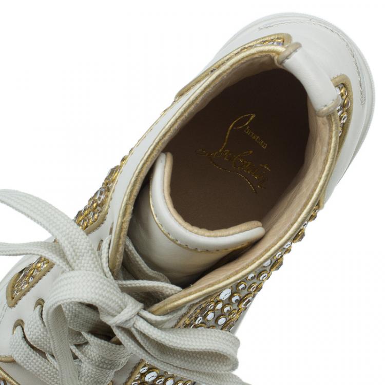 مملوكة مسبقًا Christian Louboutin Cream Strass Embellished Leather High Top Sneakers Size 36