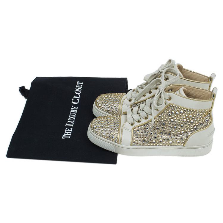 مملوكة مسبقًا Christian Louboutin Cream Strass Embellished Leather High Top Sneakers Size 36