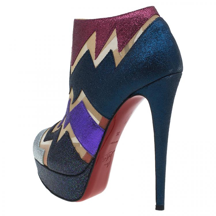 Pre Owned Christian Louboutin Mutlicolor Glitter Ziggy Peep Toe Ankle Booties Size 36