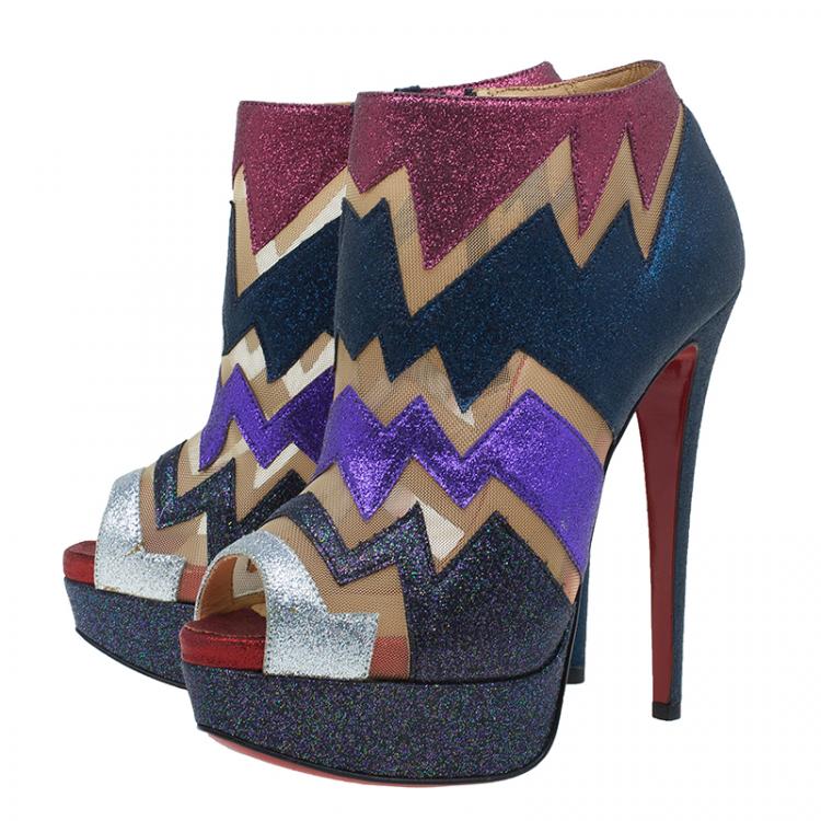 Pre Owned Christian Louboutin Mutlicolor Glitter Ziggy Peep Toe Ankle Booties Size 36