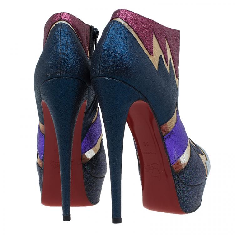 Pre Owned Christian Louboutin Mutlicolor Glitter Ziggy Peep Toe Ankle Booties Size 36
