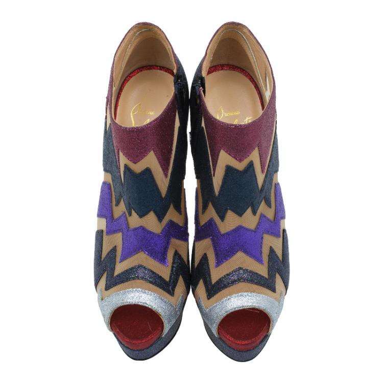 Pre Owned Christian Louboutin Mutlicolor Glitter Ziggy Peep Toe Ankle Booties Size 36