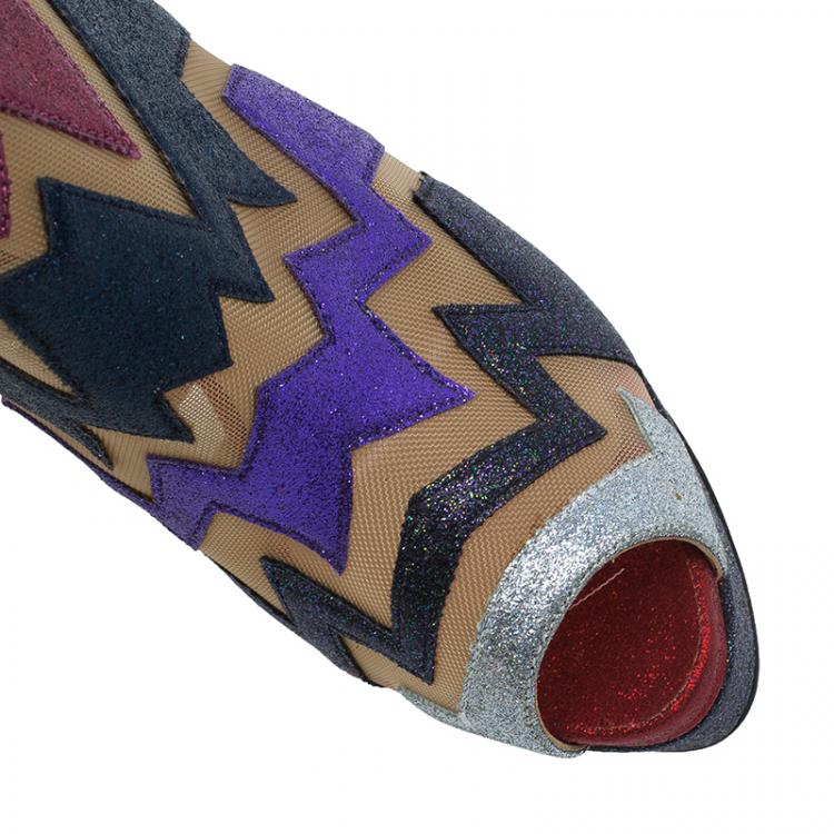 Pre Owned Christian Louboutin Mutlicolor Glitter Ziggy Peep Toe Ankle Booties Size 36