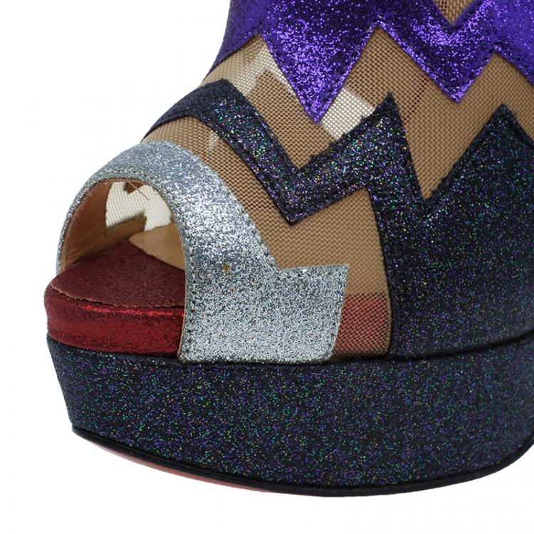 Pre Owned Christian Louboutin Mutlicolor Glitter Ziggy Peep Toe Ankle Booties Size 36