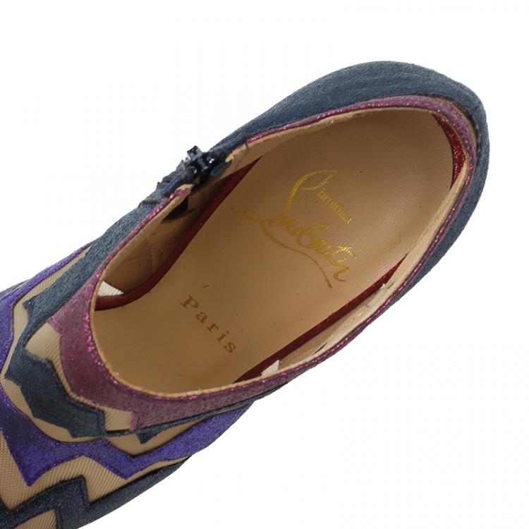 Pre Owned Christian Louboutin Mutlicolor Glitter Ziggy Peep Toe Ankle Booties Size 36