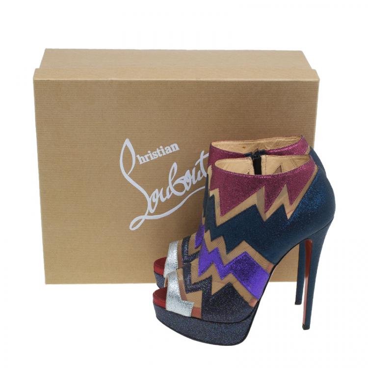 Pre Owned Christian Louboutin Mutlicolor Glitter Ziggy Peep Toe Ankle Booties Size 36
