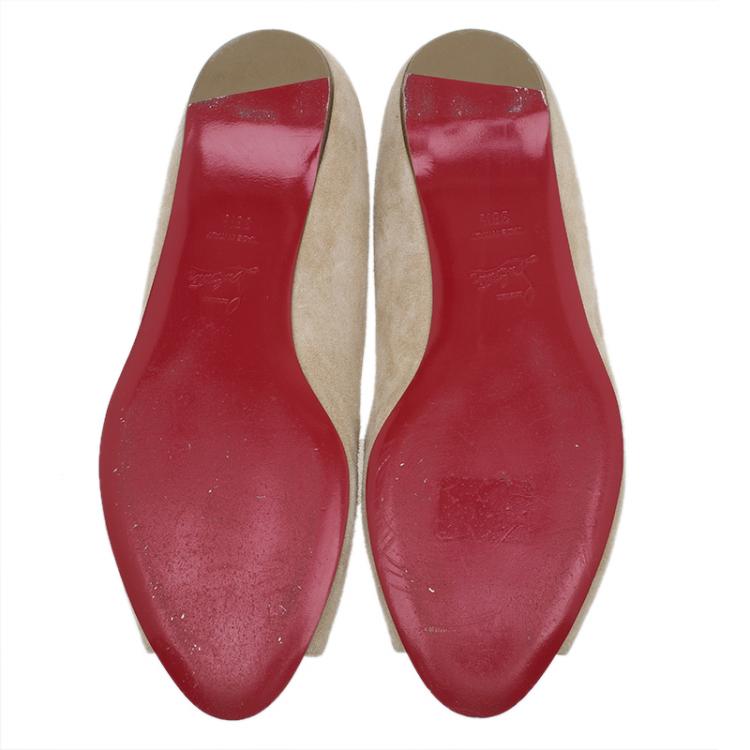 Pre Owned Christian Louboutin Beige Suede Embellished Bow Detail Peep Toe Flats Size 38.5