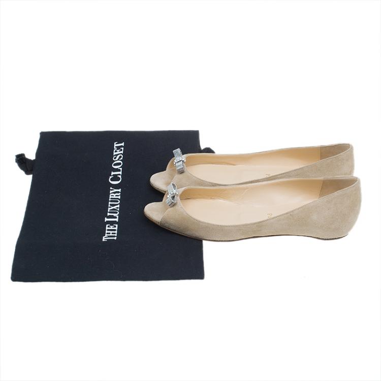 Pre Owned Christian Louboutin Beige Suede Embellished Bow Detail Peep Toe Flats Size 38.5