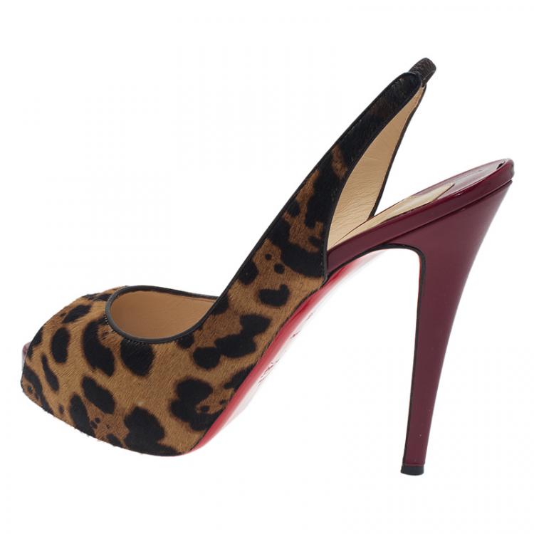 Pre Owned Christian Louboutin Leopard Pony Hair Peep Toe Slingback Sandals Size 39.5