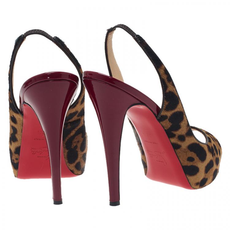 Pre Owned Christian Louboutin Leopard Pony Hair Peep Toe Slingback Sandals Size 39.5