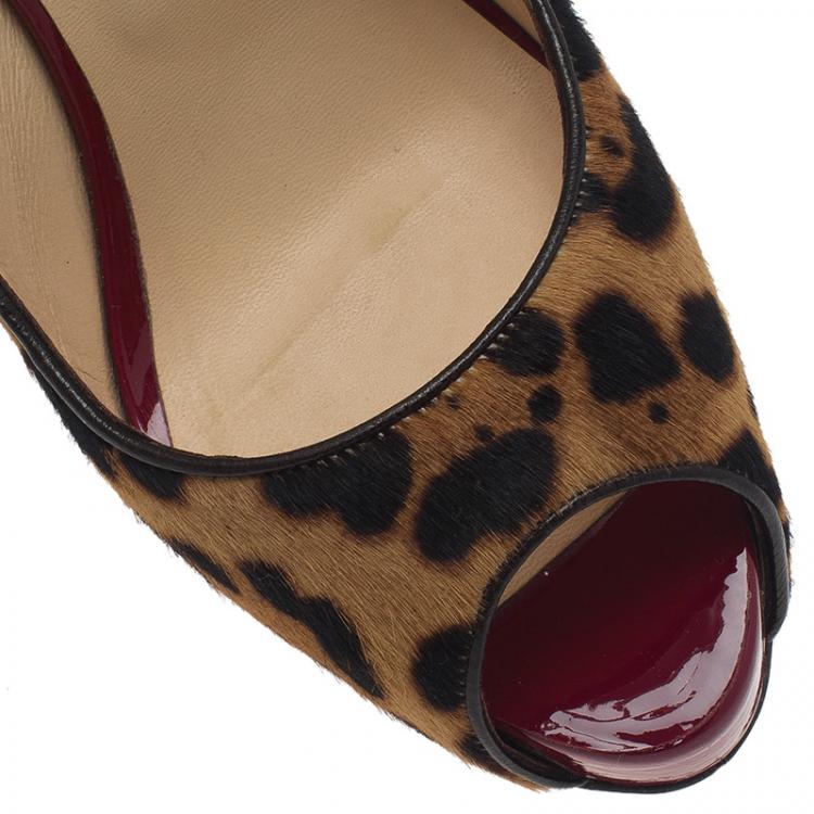 Pre Owned Christian Louboutin Leopard Pony Hair Peep Toe Slingback Sandals Size 39.5