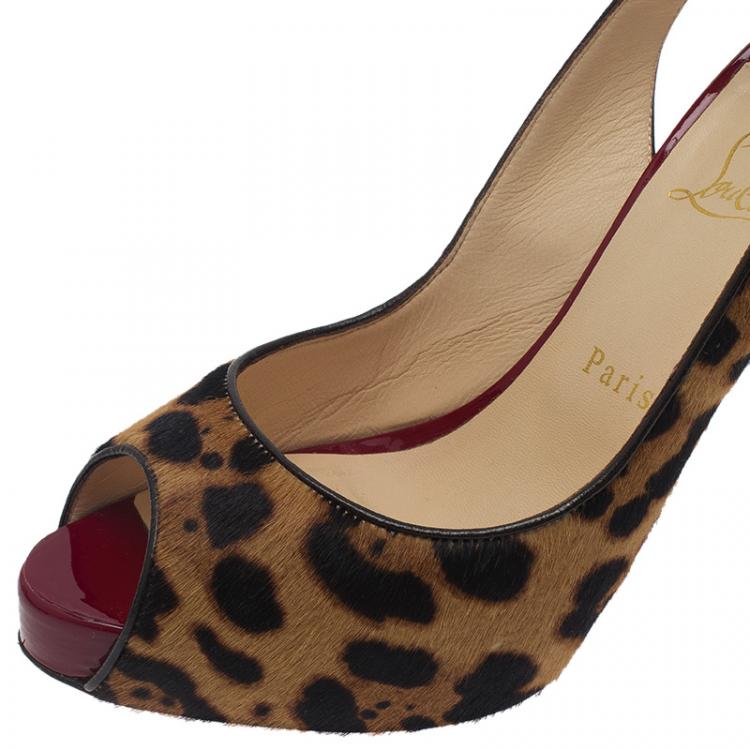 Pre Owned Christian Louboutin Leopard Pony Hair Peep Toe Slingback Sandals Size 39.5