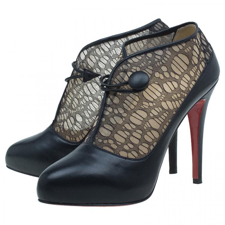 Pre Owned Christian Louboutin Black Leather and Lace Clic Clac Ankle Boots Size 38