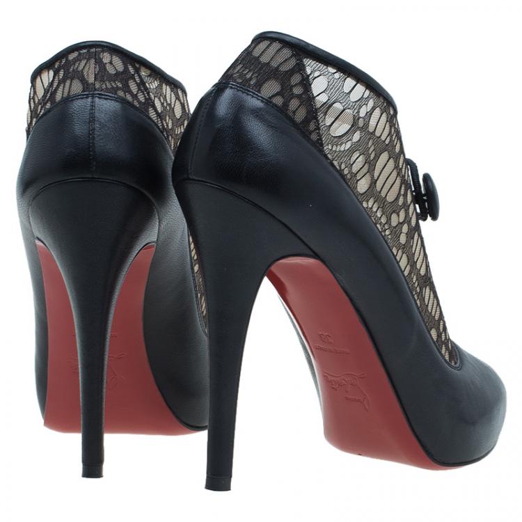 Pre Owned Christian Louboutin Black Leather and Lace Clic Clac Ankle Boots Size 38