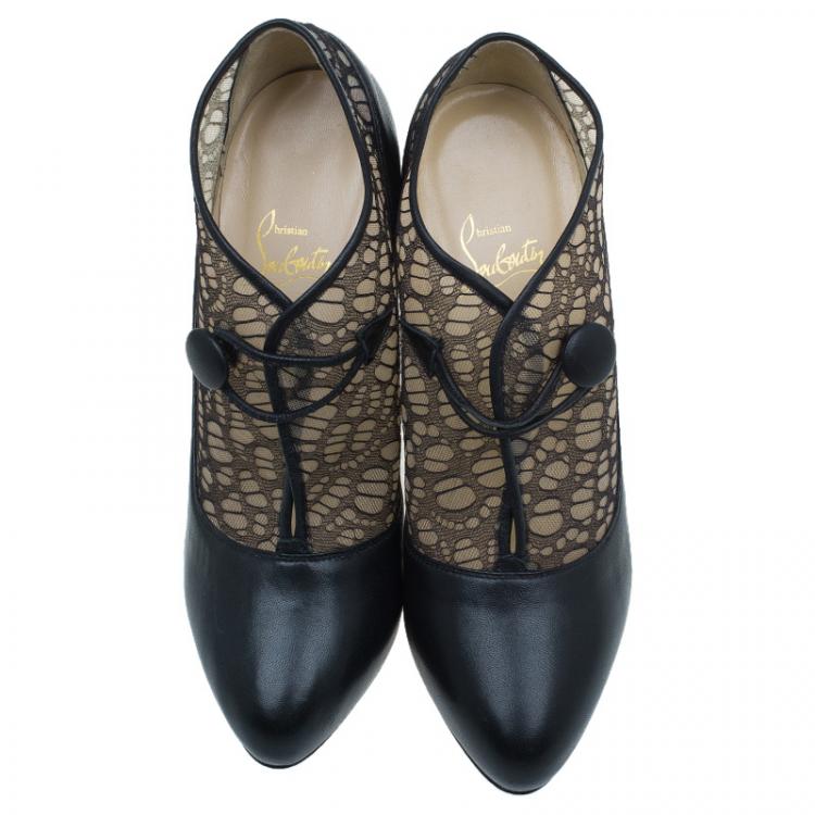 Pre Owned Christian Louboutin Black Leather and Lace Clic Clac Ankle Boots Size 38