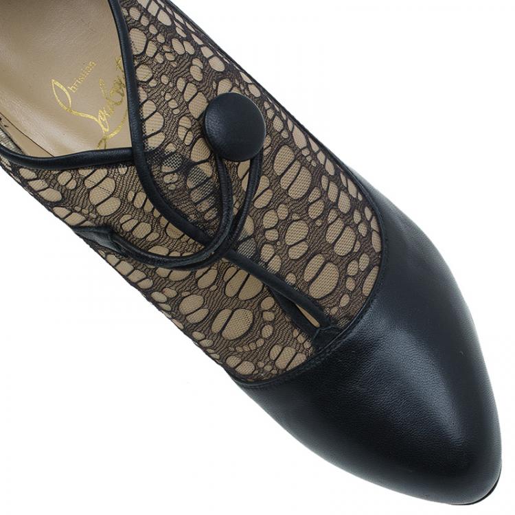 Pre Owned Christian Louboutin Black Leather and Lace Clic Clac Ankle Boots Size 38