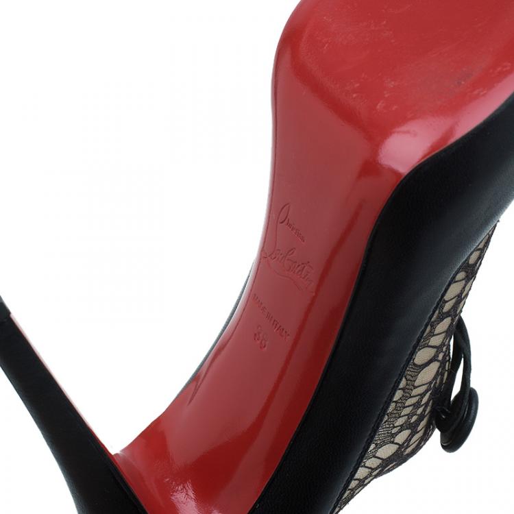 Pre Owned Christian Louboutin Black Leather and Lace Clic Clac Ankle Boots Size 38