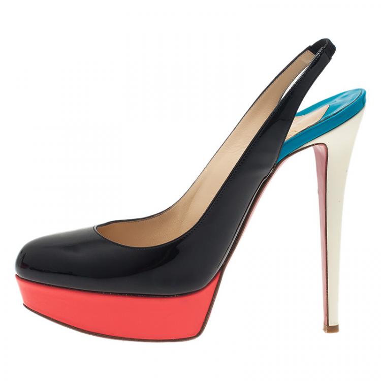 Pre Owned Christian Louboutin Tricolor Patent Bianca Platform Slingback Sandals Size 39