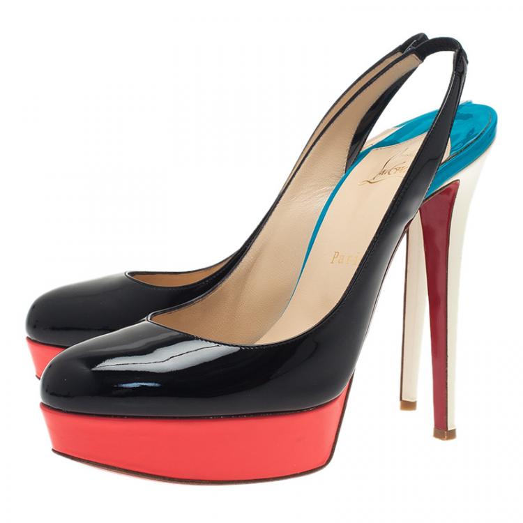 Pre Owned Christian Louboutin Tricolor Patent Bianca Platform Slingback Sandals Size 39