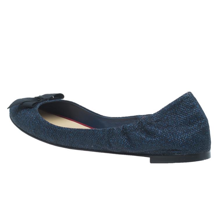 Pre Owned Christian Louboutin Blue Glitter Air Loubi Bow Ballet Flats Size 40