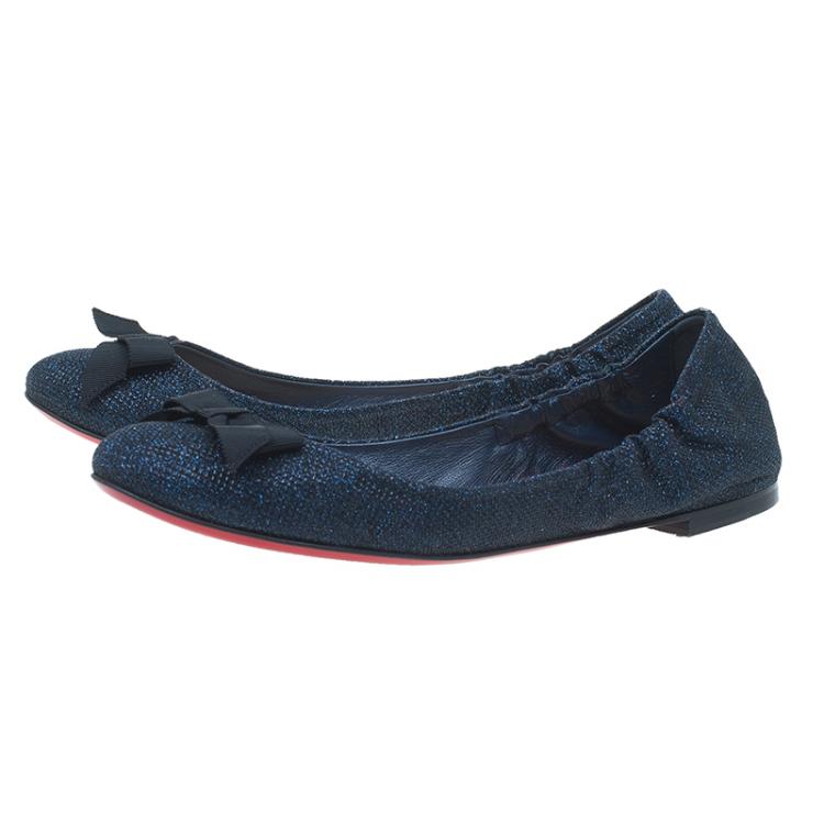 Pre Owned Christian Louboutin Blue Glitter Air Loubi Bow Ballet Flats Size 40