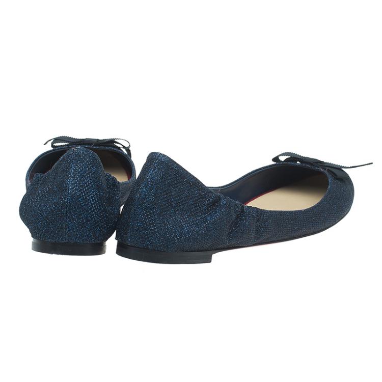 Pre Owned Christian Louboutin Blue Glitter Air Loubi Bow Ballet Flats Size 40