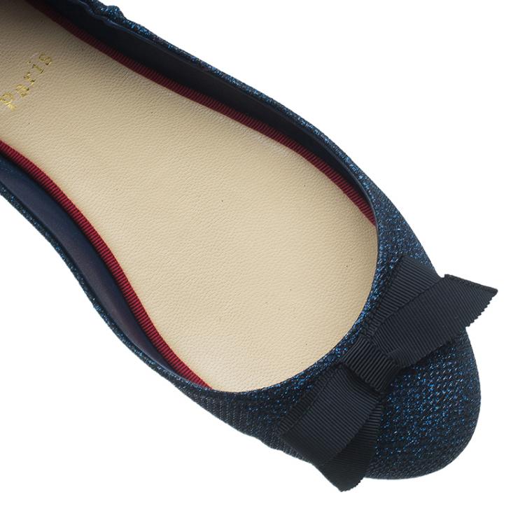 Pre Owned Christian Louboutin Blue Glitter Air Loubi Bow Ballet Flats Size 40