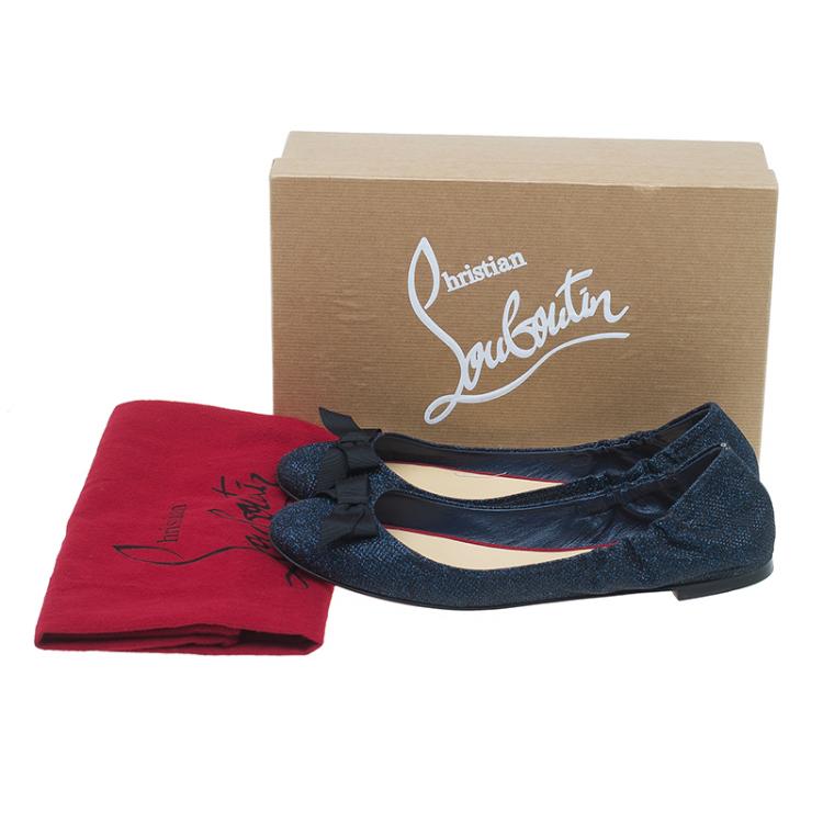 Pre Owned Christian Louboutin Blue Glitter Air Loubi Bow Ballet Flats Size 40